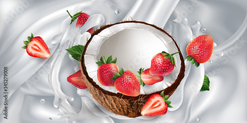 Coconut and strawberries on a milky background.