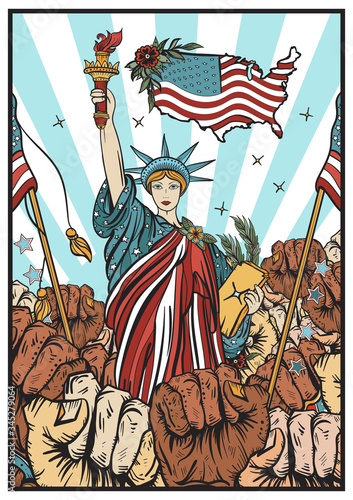 USA propaganda poster. Statue of liberty and fist raised in air. Fight for rights concept. Symbol of protest, positions, elections, demonstrations, rallies and revolution