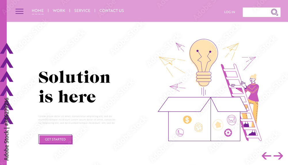 Leaving of Mind Limits, Dreaming, Start Up. Landing Page Template. Tiny Female Character Climbing on Huge Box with Glowing Light Bulb and Paper Airplanes Flying Out of Pack. Linear Vector Illustration