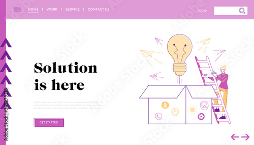 Leaving of Mind Limits, Dreaming, Start Up. Landing Page Template. Tiny Female Character Climbing on Huge Box with Glowing Light Bulb and Paper Airplanes Flying Out of Pack. Linear Vector Illustration