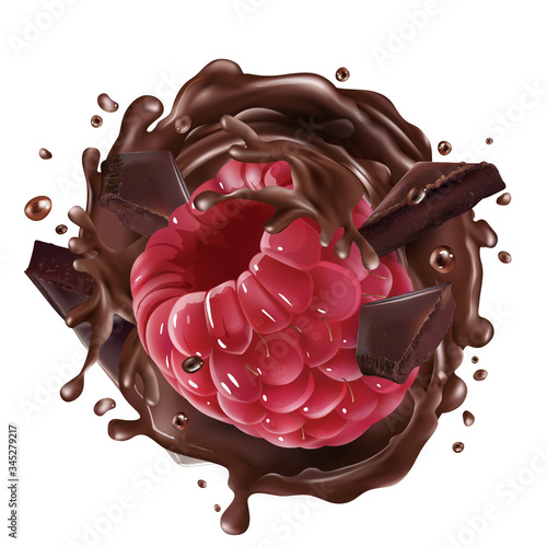 Raspberry with pieces and splashes of chocolate.