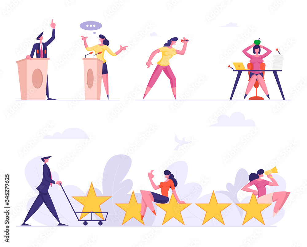 Set of Male and Female Business People Performing on election Debates Stand on Tribunes, Office Bullying. Characters Collecting Rate Stars Isolated on White Background. Cartoon Vector Illustration