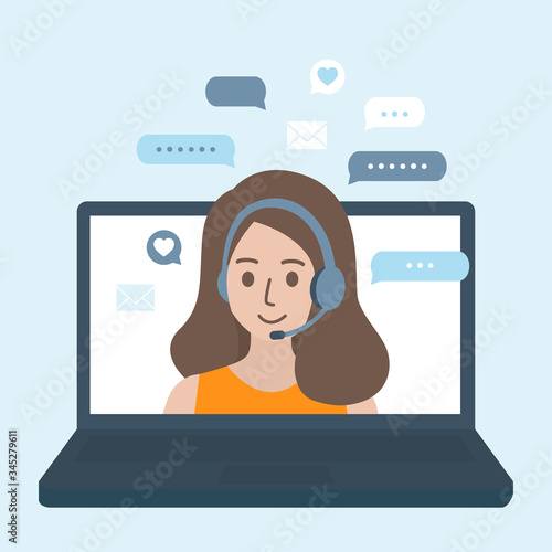 Smiling operator woman working and wearing headset on laptop screen. Online customer support, call center and consulting service concept. Flat vector illustration on blue background.