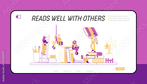 Tiny Characters on Shelf with Huge Books Landing Page Template. Reading and Education Concept. People Read and Study, Students Prepare for Examination, Gaining Knowledges. Linear Vector Illustration