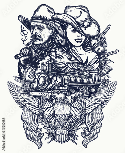 USA history concept. Wild West art. Cowboy girl sheriff, steam train, american eagle and gold digger. Old criminal western. Guns, money and playing cards. Wanted poster style