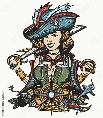 Pirate girl. Crime sailor woman portrait, pin up style. Old school tattoo art.  Marine adventure t-shirt design. Cartoon character. Sea wolf, female. Sabres, guns, gold coins, compass