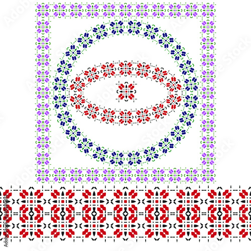 Set of 3 frame and seamless border, workpiece for your design. Ornamental elements and motifs. Decor for plate, tile, textile and print design. Circle, square desinge element. Vector.