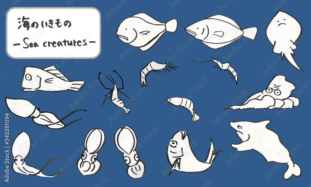 Fototapeta premium 筆で描いた海の生き物たち、手描きの可愛い動物イラスト