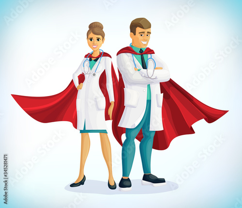 Super doctor cartoon character. Superhero doctor with hero cloaks. Healthcare vector concept. Medical concept. First aid. Healthcare workers vs covid19