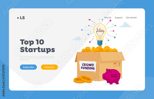 Financial Support of Creative Start Up Project, Investment Landing Page Template. Box for Crowdfunding Donation with Glow Light Bulb, Piggy Bank and Golden Coins around. Cartoon Vector Illustration