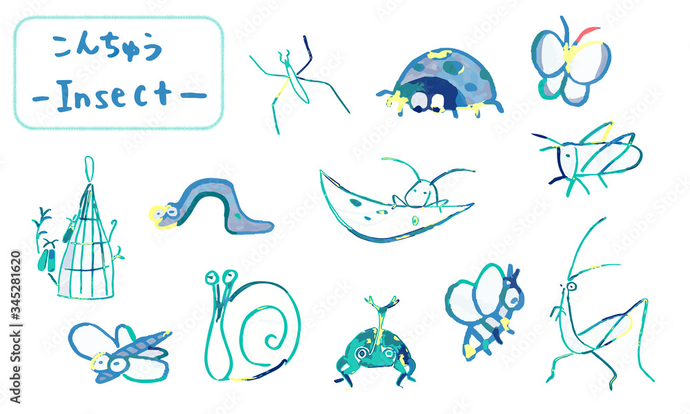 Obraz premium 筆で描いた手描きの昆虫たち、可愛い動物イラスト