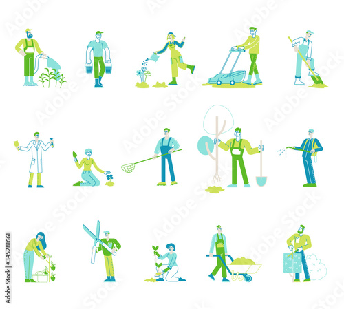 Set Gardeners or Farmers Characters Working. Gardening People Isolated on White Background. Worker Watering Plants with Hose, Woman Raking Ground, Man Bring Water in Bucket. Linear Vector Illustration