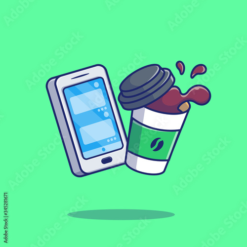 Coffee And Smartphone Vector Icon Illustration. Technology Concept Isolated. Flat Cartoon Style Suitable for Web Landing Page, Banner, Flyer, Sticker, Card