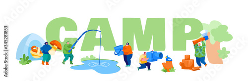 People Camping Hobby, Spare Time Concept. Male and Female Characters Having Rest on Nature Fishing, Taking Pictures, Pick Up Mushrooms, Chopping Woods Poster Banner Flyer. Cartoon Vector Illustration
