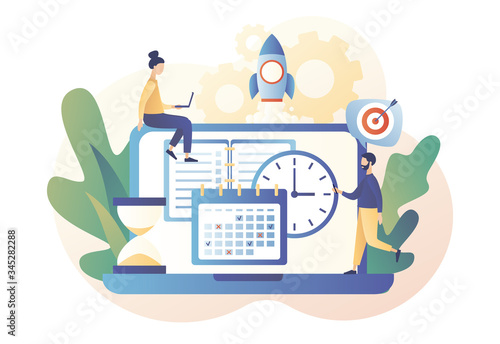 Self Discipline and Motivation concept. Time management, self control, self management, target, productivity metaphors. Modern flat cartoon style. Vector illustration on white background