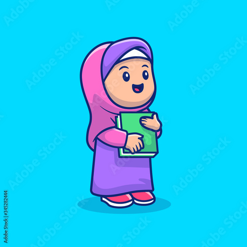 Cute Girl Holding Book Vector Icon Illustration. Ramadan Mascot Cartoon Character. Person Icon Concept White Isolated. Flat Cartoon Style Suitable for Web Landing Page, Banner, Flyer, Sticker