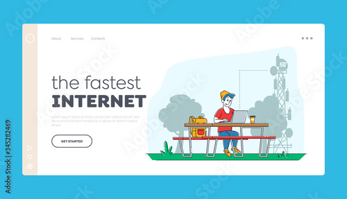 High-speed 5G Internet Landing Page Template. Young Man Character Sitting on Bench in Park with Laptop on Desk at Transmission Telecommunication Tower Communicating Online. Linear Vector Illustration