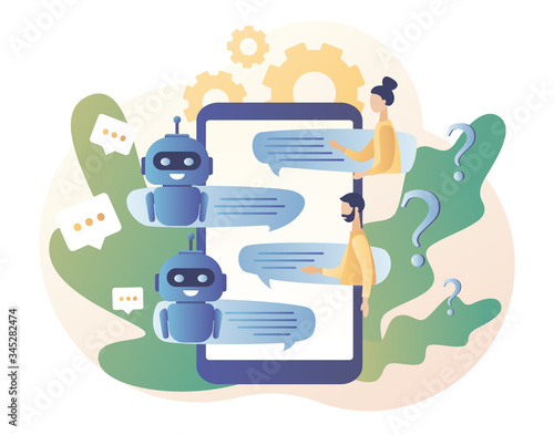 Chatbot. AI robot assistant, online customer support. Tiny people chatting with chatbot application. Modern flat cartoon style. Vector illustration on white background