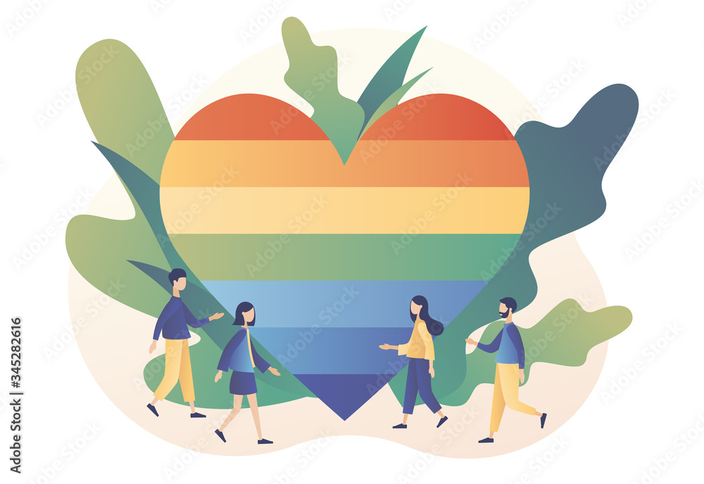 Fototapeta premium LGBT movement concept. Tiny people with Rainbow coloured heart. Love parade. Love is love. Modern flat cartoon style. Vector illustration on white background
