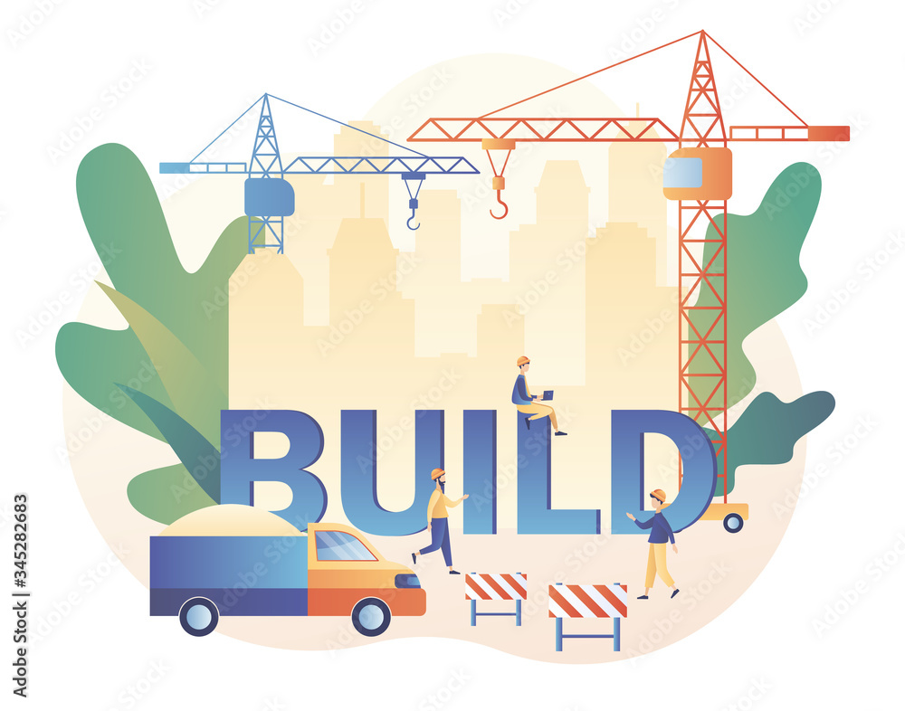 Build and Home Repair concept. Tiny men builders and repairers working. Modern building process. Modern flat cartoon style. Vector illustration on white background