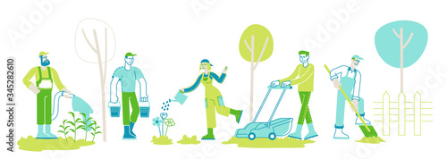 Gardening Work. Men Women Farmers or Gardeners Planting and Caring of Trees and Plants. Happy Characters Working in Summer Garden Watering, Digging, Care of Flowers. Linear People Vector Illustration