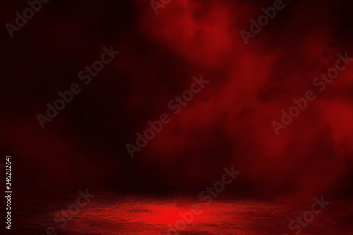 Empty space of Dark room concrete floor with fog and red lighting effect background.