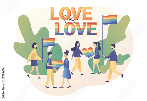 Love parade. Love is love. LGBT movement concept. Tiny people with Rainbow coloured flag and hearts. Modern flat cartoon style. Vector illustration on white background