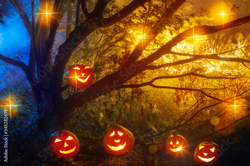 Halloween pumpkins in night forest © Maya Kruchancova