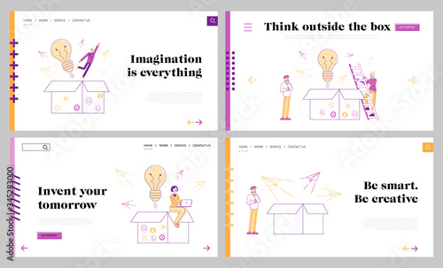 Think Outside Landing Page Template Set. Tiny Characters around of Huge Carton Box with Light Bulb, Paper Airplanes Flying Out and Businesspeople Work om Laptops. Linear People Vector Illustration