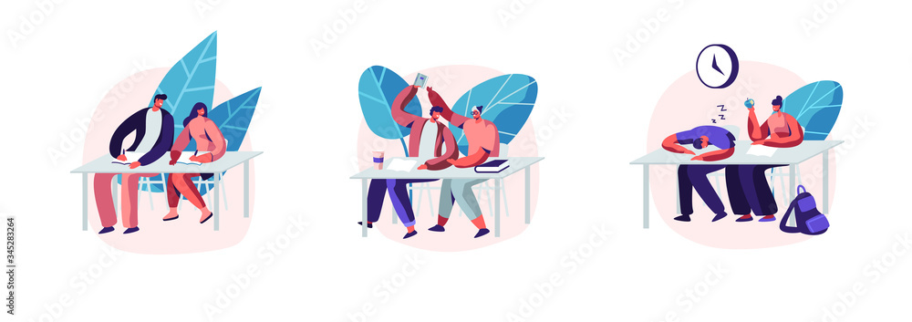 Fototapeta premium Set of Students Sitting at Desks Visiting Lecture in University. Characters Learning. Communicating, Sleeping on Seminar. Higher Education, Gaining Knowledge. Cartoon People Vector Illustration