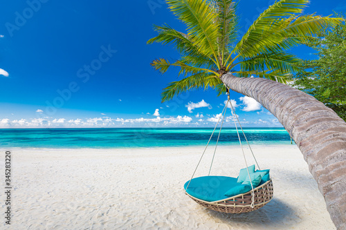 Tropical beach paradise as summer landscape with beach swing or hammock and white sand, calm sea for serene beach. Luxury beach scene vacation summer holiday. Exotic island nature travel destination © icemanphotos