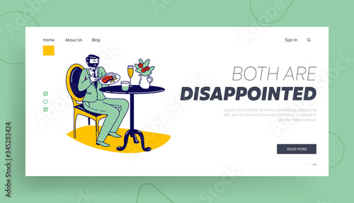 Poor Quality Cafe Hospitality Landing Page Template. Squeamish Male Character Disappointed with Bad Service in Restaurant. Businessman Looking on Plate with Disgusting Dish. Linear Vector Illustration