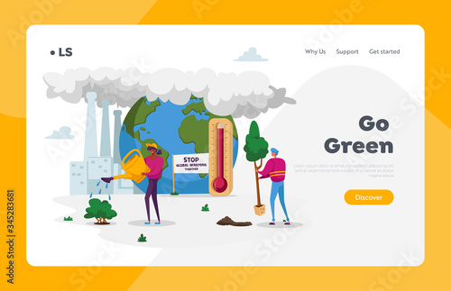 Global Warming, Environment Pollution Landing Page Template. Global Heating Impact. Characters Care of Green Plants Watering and Planting against Factory Pipes. Cartoon People Vector Illustration