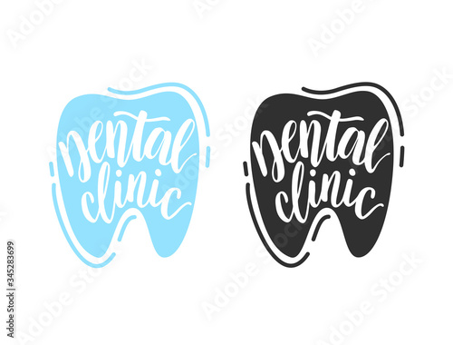 Dental clinic lettering. Calligraphy logotype. Handwriting word. Tooth shaped icon for design banners, flayers, posters etc.
