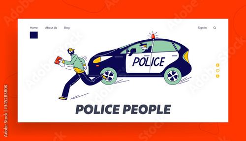 Officer at Work Catching Robber during Duty Landing Page Template. Police Man Character Pursuit Pickpocket Thief with Stolen Bag by Car. Gangster Steal Money. Linear People Vector Illustration