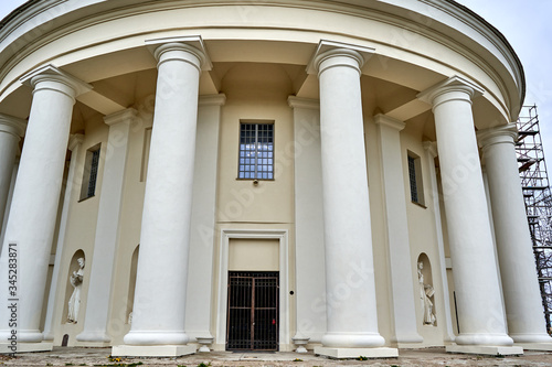 Facade of the church with huge pillars in front