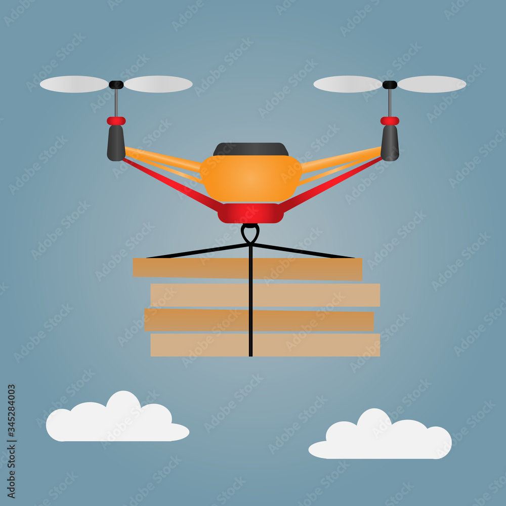 Concept for delivery service. Delivery drone with the package. Quadcopter transportation of goods. Concept for delivery service. Delivery drone with the package. Quadcopter transportation of goods.