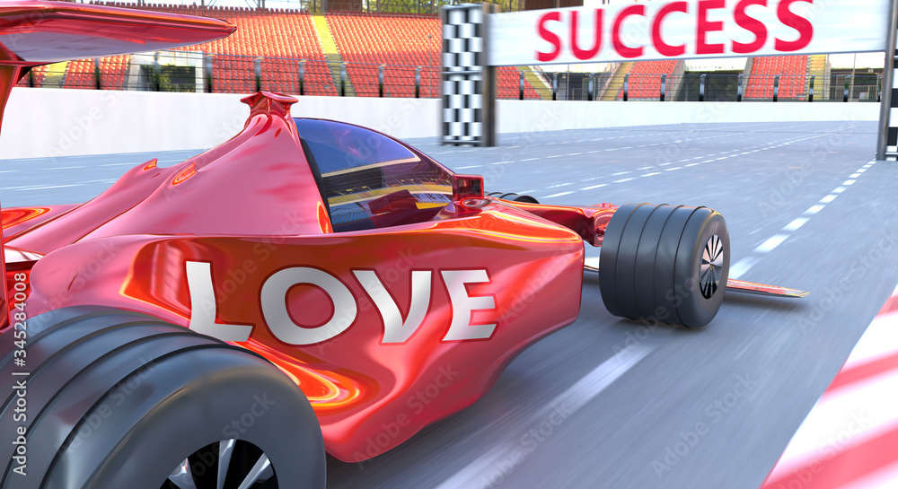 Love and success - pictured as word Love and a f1 car, to symbolize that Love can help achieving success and prosperity in life and business, 3d illustration
