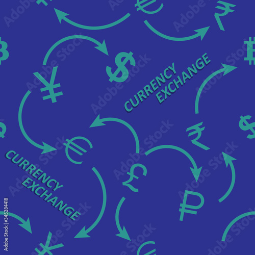 Currency exchange, monetary units of different countries, money, arrows. Seamless ornament, pattern, background and template