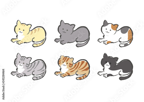 猫, ネコ, ねこ, 品種, 品種違い, 色違い, 集合, セット, トラ, トラ猫, ロシアンブルー, 三毛猫, アメリカンショートヘア, スコティッシュフォールド, ハチワレ, かわいい, ポップな, 白バック, 白背景, 手描き, 手書き, 筆書き, 筆描き, カット, 挿絵, 素材, イラスト, ベクター, eps,