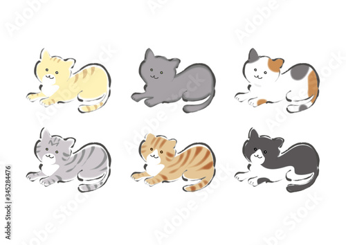 猫, ネコ, ねこ, 品種, 品種違い, 色違い, 集合, セット, トラ, トラ猫, ロシアンブルー, 三毛猫, アメリカンショートヘア, スコティッシュフォールド, ハチワレ, かわいい, ポップな, 白バック, 白背景, 手描き, 手書き, 筆書き, 筆描き, カット, 挿絵, 素材, イラスト, ベクター, eps,