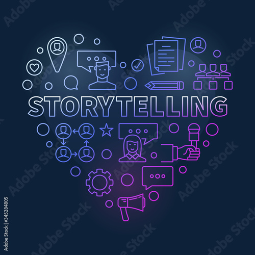 Storytelling Heart vector concept outline colored illustration on dark background