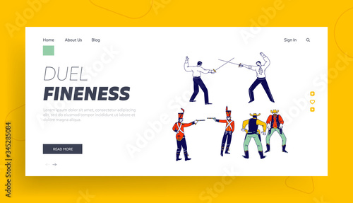 Male Characters Fighting on Duel Landing Page Template. Wild West Cowboys in United States Armed with Revolver to Open Fire. Hussars Aiming with Gun, Men Fencing. Linear People Vector Illustration