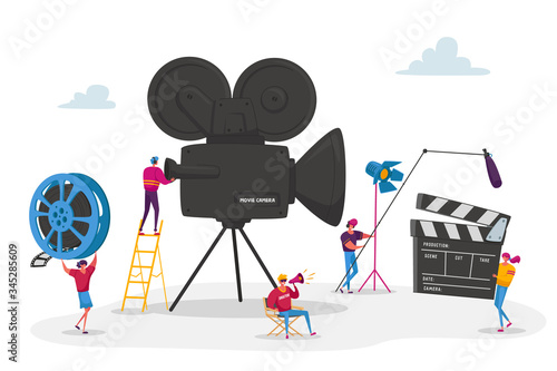 Tiny Characters Making Movie. Operator Using Camera and Staff with Professional Equipment Recording Film. Director with Megaphone, People with Clapperboard and Reel Film. Cartoon Vector Illustration