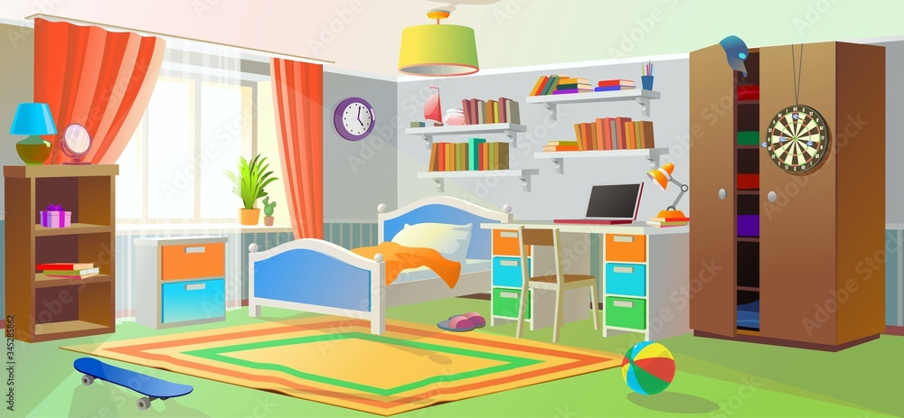 Modern teenager room. A large number of things and objects. Homely, cozy interior.