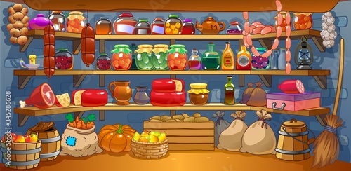 Classic Cellar with Canned Food, Wine and Vegetables. Design of Storage Interior. Homemade canned vegetables in jars stand on shelves in the cellar. Vector illustration.
