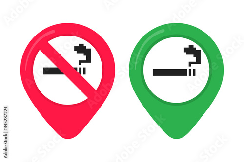 No smoking area pin sign. Forbidden sign icon isolated on white background vector illustration. Black cigarette and smoke, red prohibition circle isolated on white background.