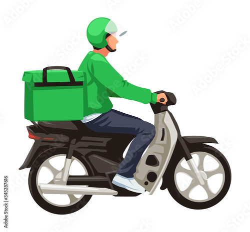 Motorcycle delivery green uniform isolated on white background. Cartoon character flat colored vector illustration.