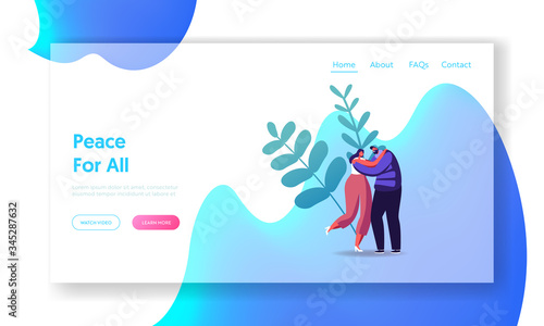 Peace, Love Relation, Togetherness Landing Page Template. Happy Loving or Friends Couple Hugging. Man and Woman Characters Spend Time Together Embrace and Rejoice. Cartoon People Vector Illustration