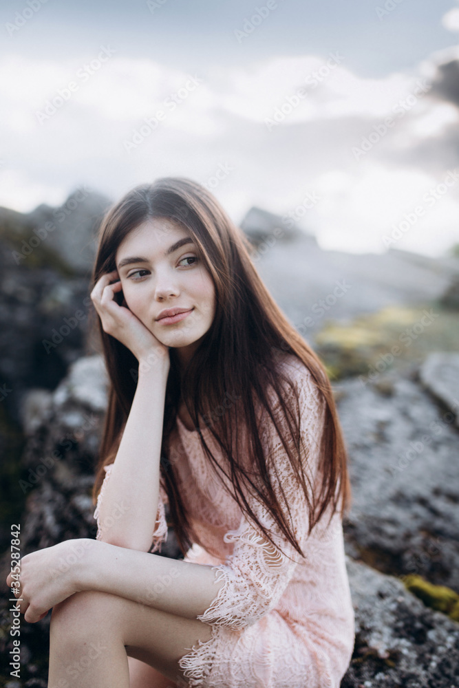 Beautiful woman natural face casual female portrait lifestyle beauty girl in mountains, freedom concept